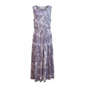 Knox Rose Purple Tie Dye Tiered Maxi Dress XL Sleeveless Boho Drawstring Waist